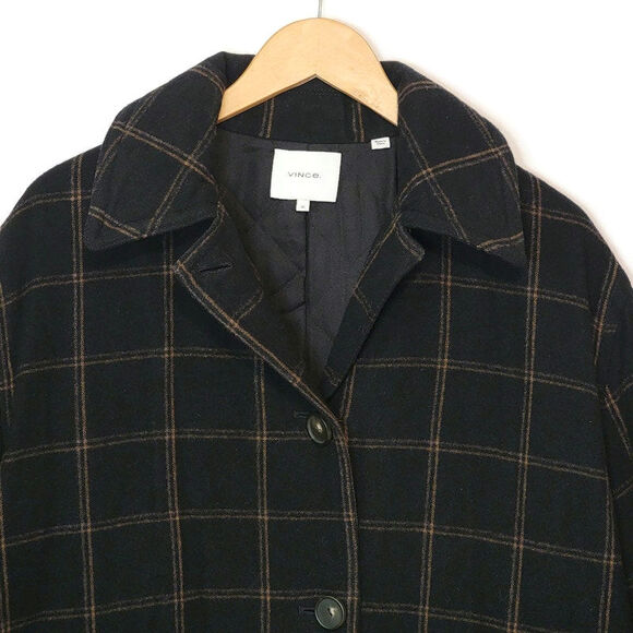 Vince Wool Cashmere Plaid Padded Shirt Jacket Shacket Black Tan Button Down XL - Picture 3 of 16